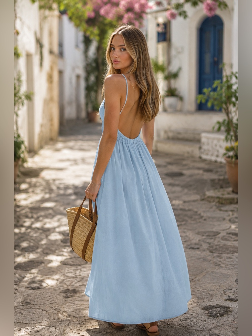 V-Neck Cami Strap Backless Open Maxi Dress light blue